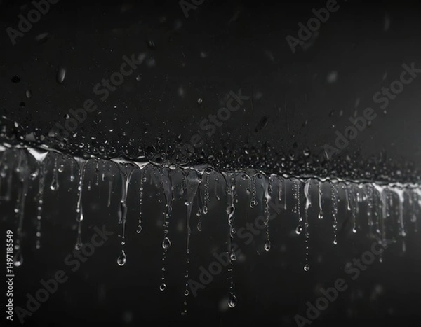 Obraz Water droplets cascade from a sharp edge, blurring into streaks against a stark black backdrop ,  dynamic,  abstract