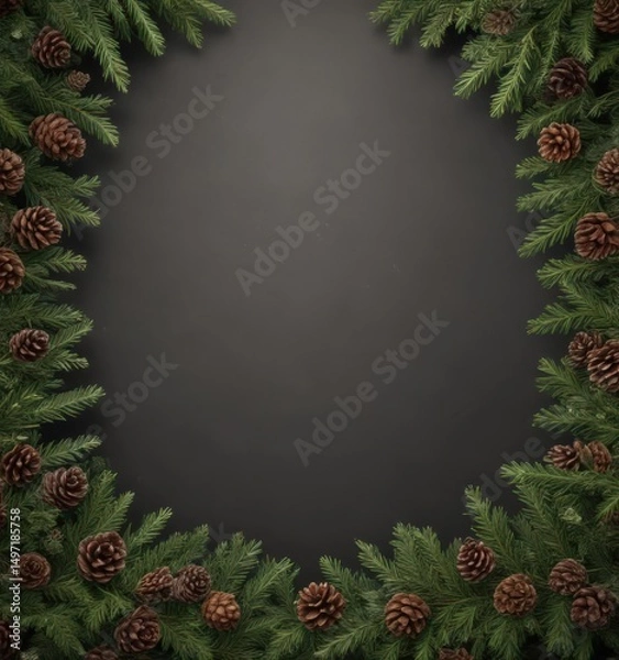 Obraz Lush fir branches & pine cones, rustic Christmas border , brown, border