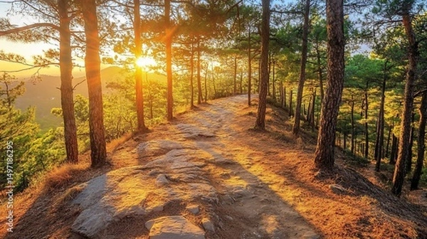 Fototapeta Sunset path through a pine forest on a mountain ridge.