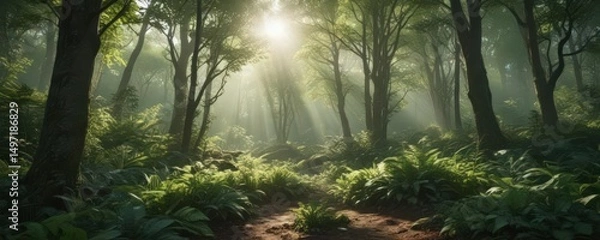 Obraz Lush green forest with sunlight filtering through leaves, environment, leaves, nature