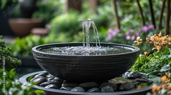 Fototapeta Tranquil Garden Fountain Surrounded by Lush Greenery and Stones