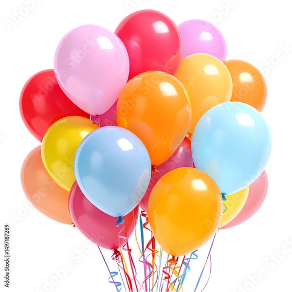 Fototapeta A colorful bunch of balloons tied together with ribbons on a black background