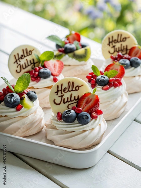 Obraz Small pavlova mini cakes adorned with fresh berries like blueberries, strawberries, pomegranate seeds, kiwi slices, mint leaves and a white chocolate tag with text "Hello July".