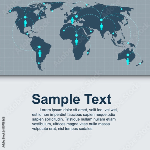 Fototapeta Social network with connected peoples on wold map,, network concept, vector illustration