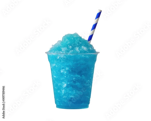 Fototapeta Bright blue slush drink with straw, perfect for summer refreshment. This icy treat is vibrant and inviting, ideal for cooling off on hot day