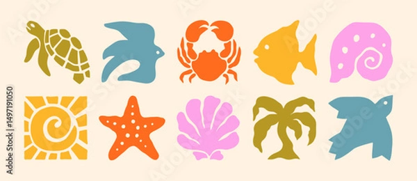Obraz Groovy Summer Icons in Boho Style. Vector Abstract Beach Illustrations in Naive Art. Geometric Bird, Sun, Palm, Shells, Sea Star, Crab and Turtle for Logo, Patterns, Print, Stickers, Post and Stories