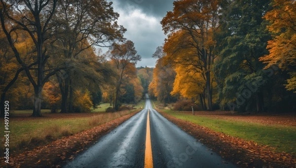 Fototapeta A scenic road through trees with fall foliage, under a cloudy sky.