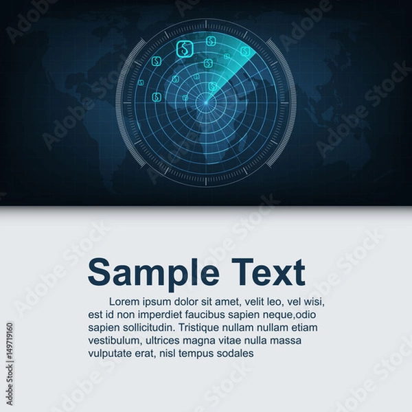 Fototapeta radar searching money on world map, business concept, vector illustration