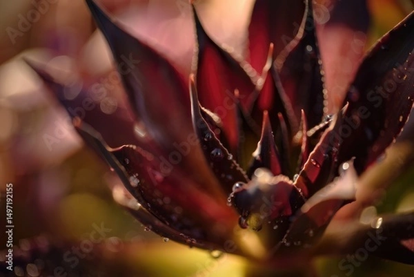Fototapeta Close up view of a dark succulent with water droplets in soft lighting during sunset