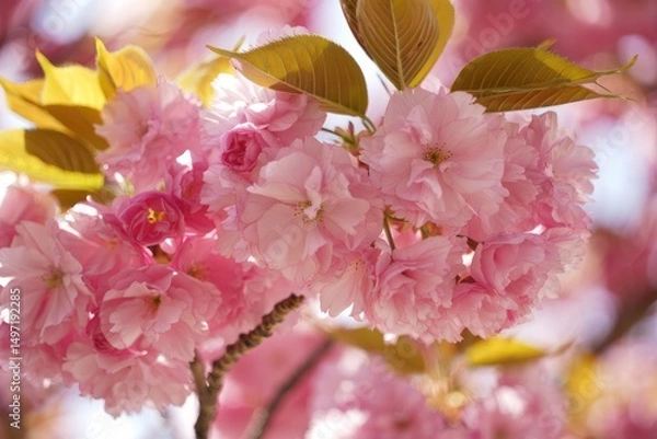 Fototapeta Cherry blossoms bloom in vibrant pink during springtime in a serene park setting