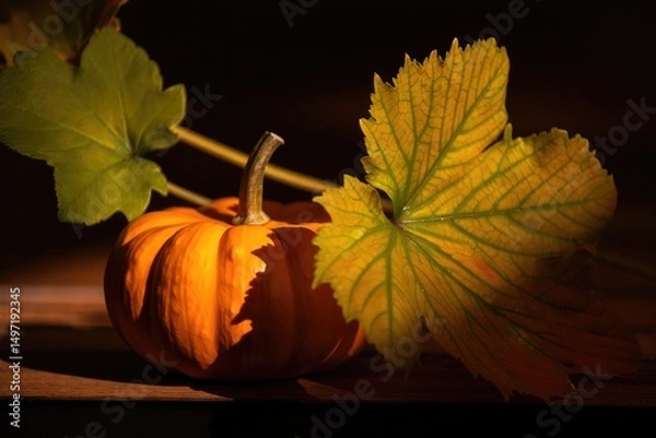 Fototapeta Bright orange pumpkin and green leaves on a wooden surface in autumn light