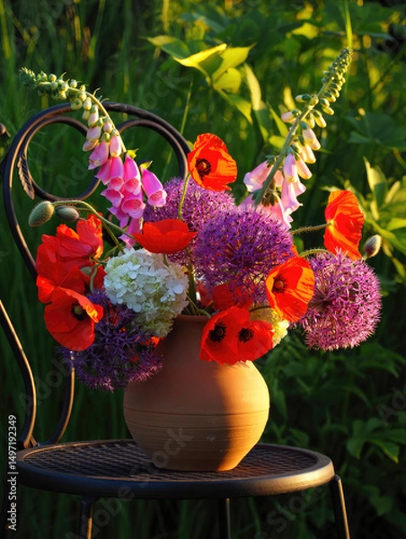 Fototapeta Bright flowers in a clay pot on a chair in a lush garden at sunset