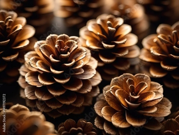 Fototapeta Cluster of pinecones arranged beautifully in natural light enhancing their texture and colors