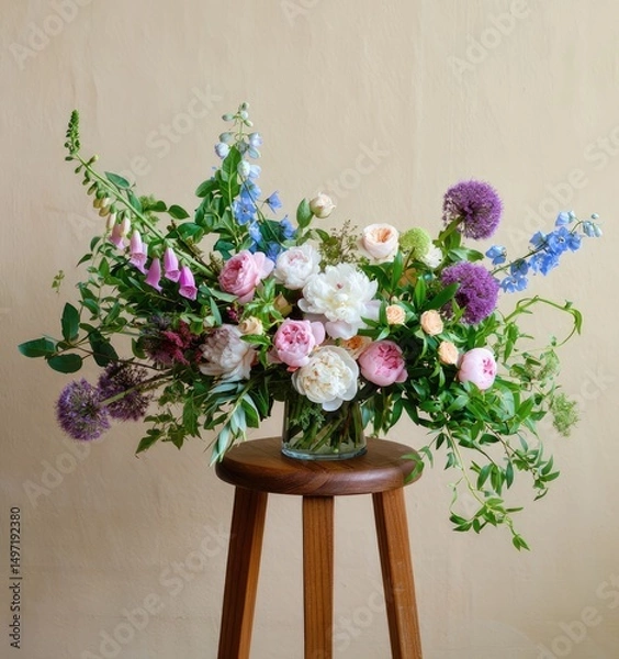 Fototapeta Beautiful spring flower arrangement displayed on wooden stool with soft background