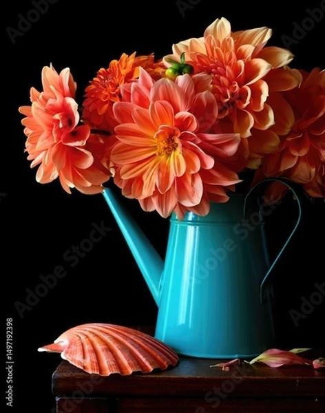 Fototapeta Brightly colored dahlias in a turquoise watering can with a seashell on a wooden table