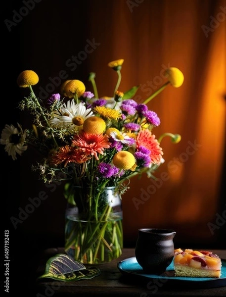 Fototapeta Bright flower arrangement beside dessert and a cup in warm lighting