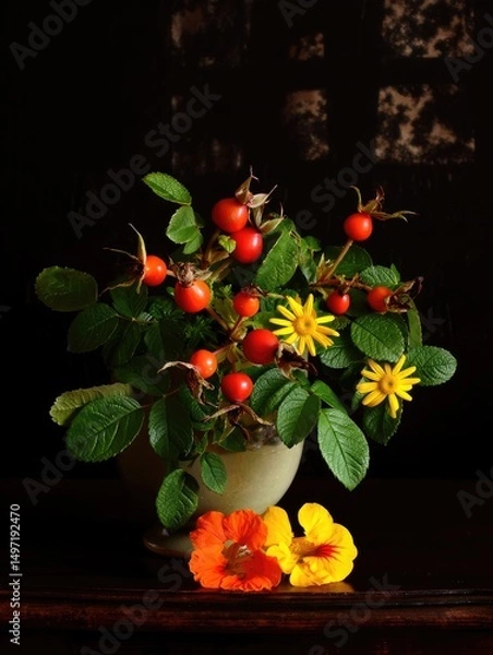 Fototapeta Colorful flower arrangement with vibrant leaves and fruits in a decorative vase