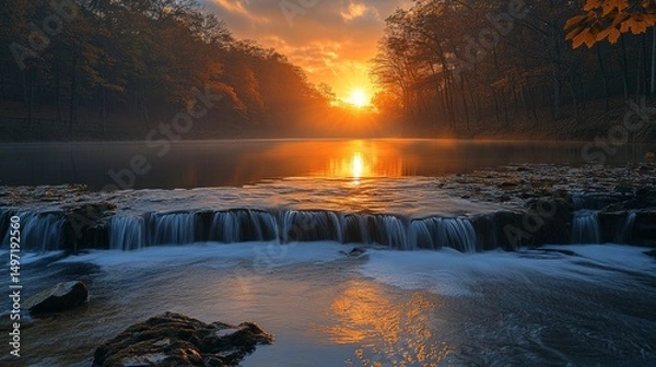 Fototapeta Serene Waterfall with Golden Sunset Reflections in Quiet Forest
