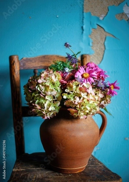 Fototapeta Bright and colorful flower arrangement in a clay pot on a rustic wooden chair against teal wall