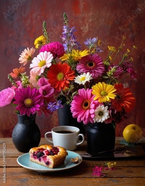 Fototapeta Bright bouquet and delicious pastry create a cheerful breakfast setting on a rustic table