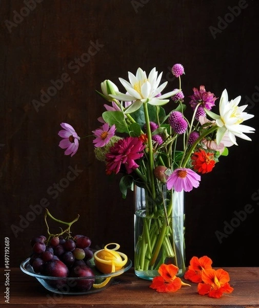 Fototapeta Vibrant floral arrangement with fresh fruit on wooden table in soft natural light