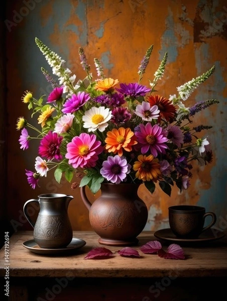 Fototapeta Vibrant Flower Arrangement in Rustic Setting with Vintage Pitcher and Cups