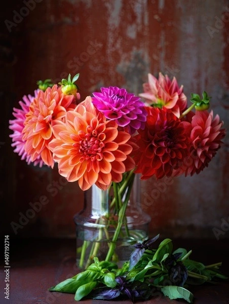 Fototapeta Colorful dahlia bouquet in a glass vase with fresh herbs on a rustic background