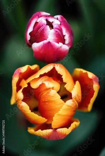 Fototapeta Colorful tulips bloom in garden during spring season with vibrant petals and lush foliage