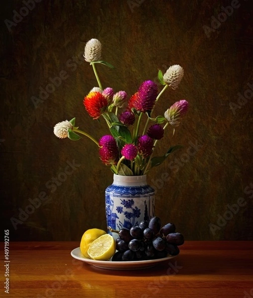 Fototapeta Colorful flower arrangement with fruit set against a textured backdrop