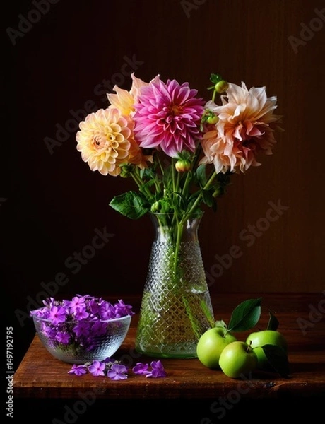 Fototapeta Colorful dahlias in a vase with green apples and violet petals on a wooden table