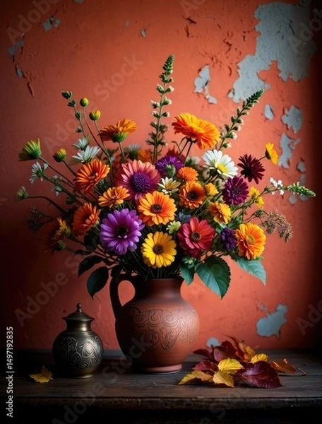 Fototapeta Bright bouquet of seasonal flowers in a rustic vase against a textured wall