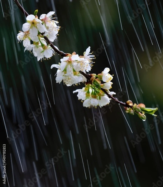 Fototapeta Delicate white flowers bloom on a branch during a gentle rain shower in springtime