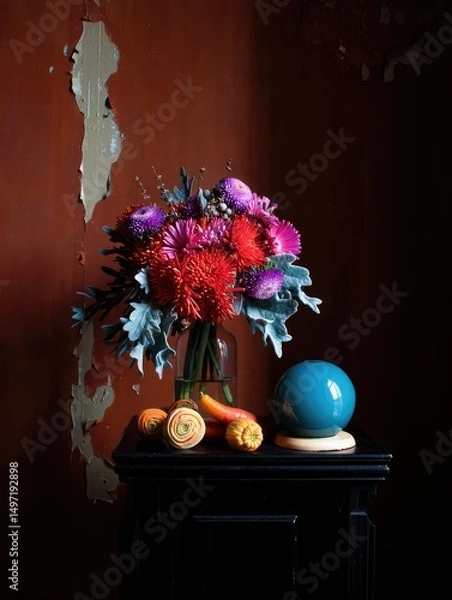 Fototapeta Colorful floral arrangement with decorative items in a rustic interior setting
