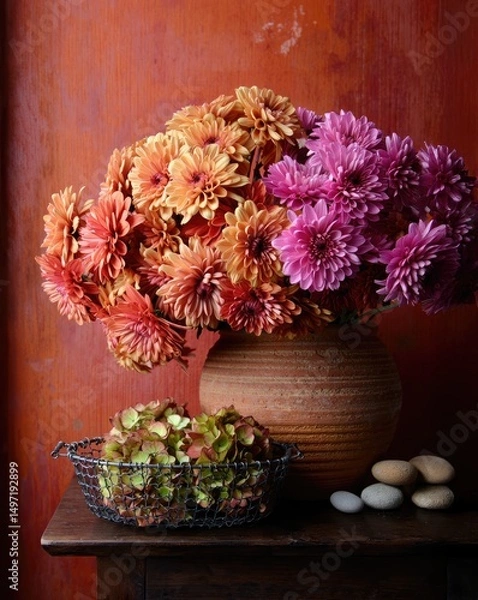 Fototapeta Colorful flower arrangement in a rustic vase on a wooden table with stones and greenery