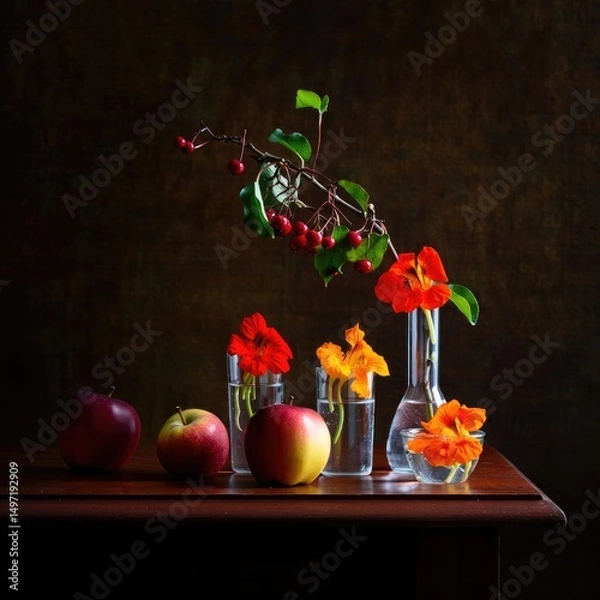 Fototapeta Colorful still life arrangement with apples and vibrant flowers in glass vases