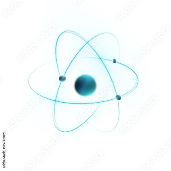 Obraz Glowing atomic model with three blue electrons orbiting around a nucleus on white background. Used for science, energy, and nuclear physics visuals.

