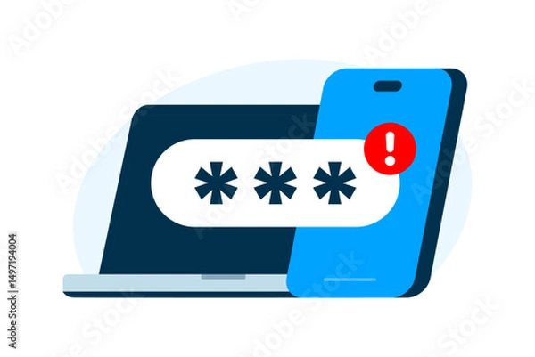Fototapeta Account Logged in on Another Device Warning. flat Illustration of Laptop and Smartphone with Password Field and Exclamation Mark. for login alert, security issue, or suspicious activity notification