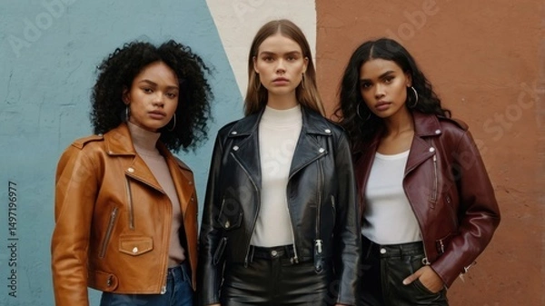 Fototapeta Three diverse models wearing leather jackets and pants in different colors.	
