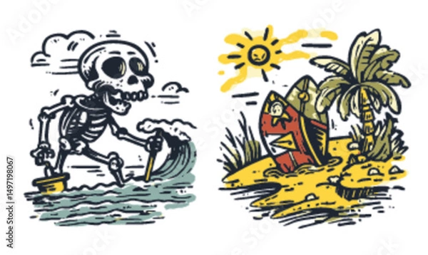Obraz Skeleton Surfer on Beach with Palm Tree and Surfboard in Vibrant Style