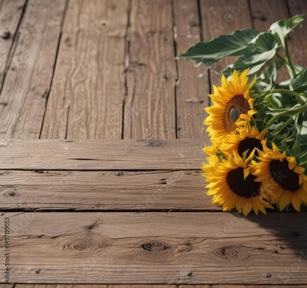 Obraz Sunflowers in a sunlit setting on a weathered wood surface , farm, photo