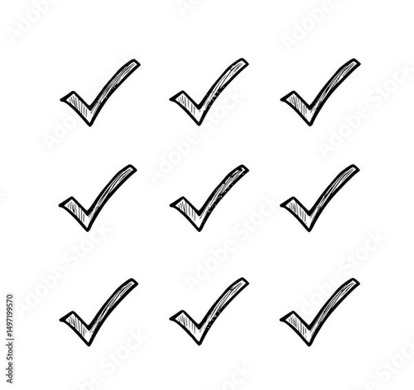 Fototapeta Checkmarks Grid: A collection of nine hand-drawn checkmarks arranged in a 3x3 grid, ideal for illustrating concepts of completion, checklists, and positive feedback. 
