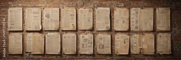 Obraz Multiple aged paper posters affixed to a rustic wall, showcasing various design styles ,  aged,  realistic