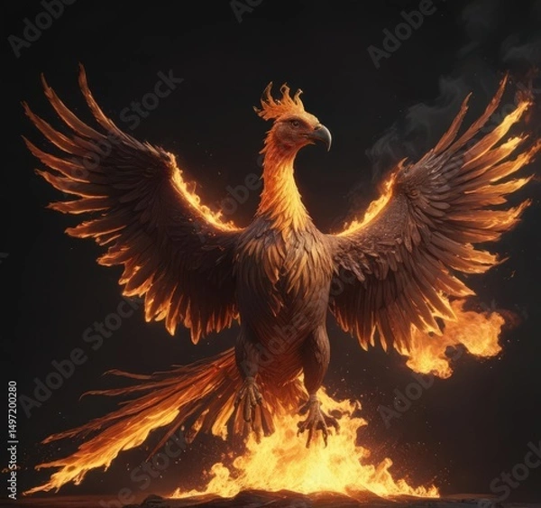Obraz Single phoenix engulfed in intense flames against dark backdrop ,  flames,  creature,  shadow