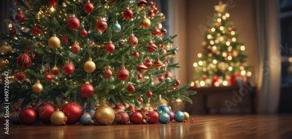 Obraz Ornate Christmas tree, vibrant baubles, soft bokeh lights ,  colorful lights,  merry christmas