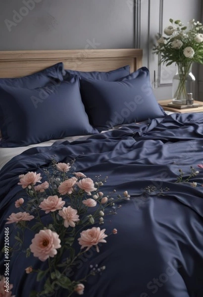 Obraz Elegant navy bedding, king-size bed, tranquil flower display ,  stems,  home