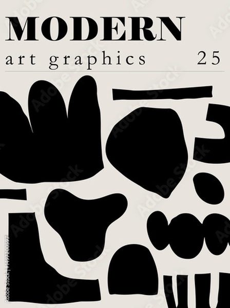 Fototapeta Modern art cut out style various black abstract shapes on light beige background. Vector illustration template for magazine cover, ad, social media or home decor poster