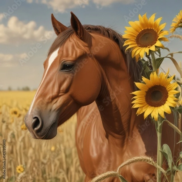 Obraz Elegant horse head vector, wheat & sunflower field backdrop ,  serene,  sunflowers