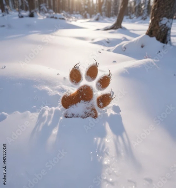 Obraz Crisp fox paw print in fresh snow, winter forest scene ,  wilderness,  white,  winter