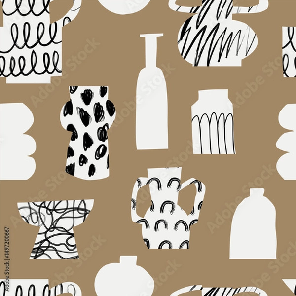 Fototapeta Modern art cutout minimalist design black and white vases with abstract doodle patterns like dots and arches on a beige background in a flat style. Vector seamless pattern