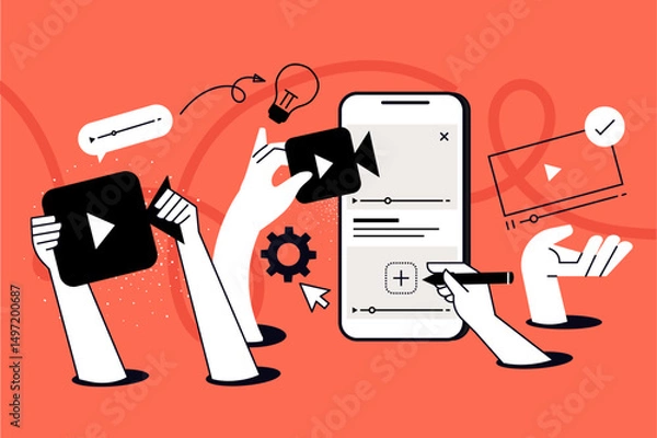 Fototapeta Mobile video, video call, live streaming. Vector illustration for web banner, social media banner, business presentation, marketing material. 